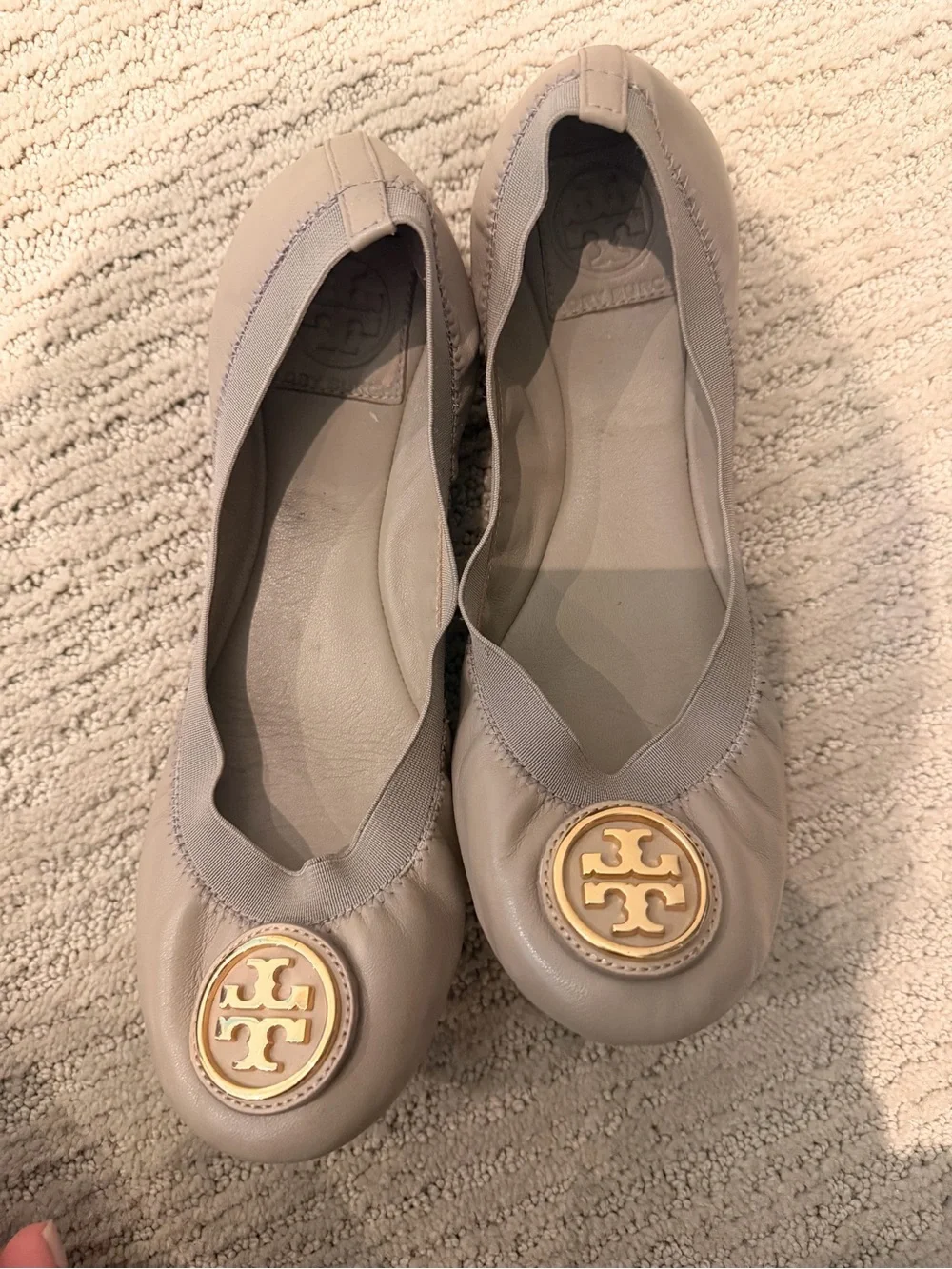 Tory Burch Taupe Leather Logo Ballet Flats